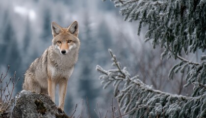 Fototapeta premium Wild canine pauses on rocky outcrop in frosty, wooded environment