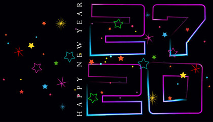Happy New Year 2023 colorful neon lights and star background