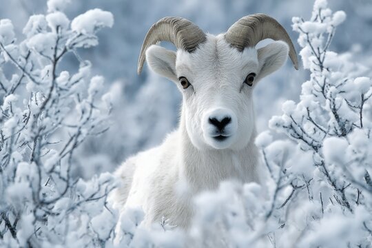 Majestic mountain ungulate with curving horns peers through frosted winter foliage