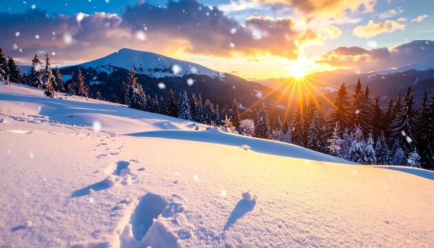 Snowy mountain landscape at sunset, with conifer trees and footprints in the foreground, and falling snowflakes