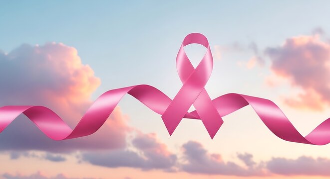Pink ribbon symbol of breast cancer awareness against a cloudy sky