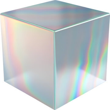 3d glass cube box with crystal dispersion effect. Abstract empty glassy square with prism holographic gradient. Isolated realistic translucent flying plexiglass object with light reflection