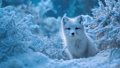 Small white fox observes surroundings nestled among frosted vegetation in a cold environment