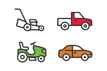 Fototapeta premium A collection of four simplified vehicle icons including a lawn mower and a car.