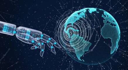 Translucent robotic hand reaching out to illuminate a blue digital Earth globe suggesting global data networks connectivity and future technology integration - Powered by Adobe