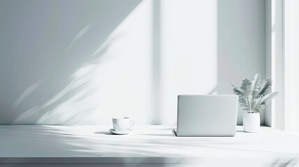 Clean modern office desk with laptop, coffee cup, and minimal tech accessories, concept of productivity and digital business