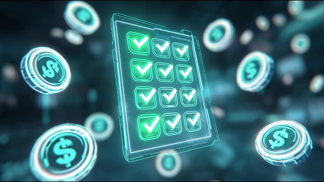 Digital checklist completing tasks surrounded by flying holographic dollar coins in a futuristic setting