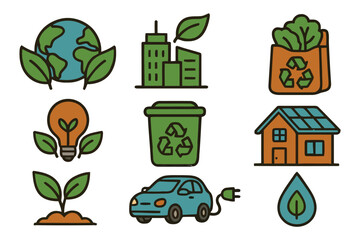 Collection of eco-friendly icons representing sustainability and environmental consciousness.