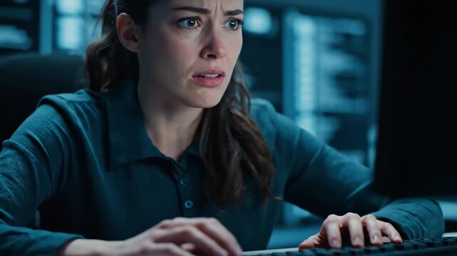 Intense young woman working on computer with furrowed brows, portraying stress, determination, and focus in a high-pressure environment