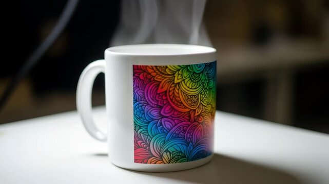 Steaming Rainbow Mandala Mug Warm Beverage Morning Coffee Break Cozy Atmosphere Abstract Pattern