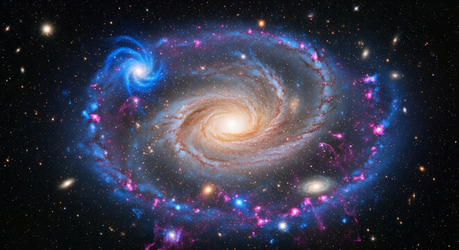 Stunning astronomical image of a colorful spiral galaxy, possibly barred or with star-forming regions, set against the dark background of deep space.