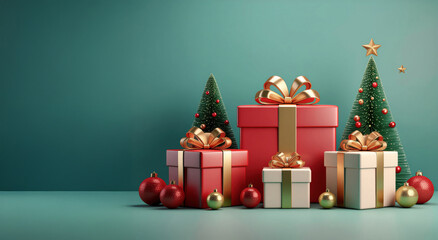 minimalist setup featuring Christmas gifts and festive decorations, ideal for holiday marketing materials, seasonal promotions, Ideal for banners, brochures, and e-cards. 3D illustration