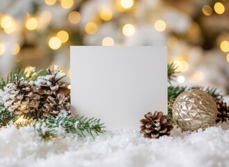 Elegant Winter Mockup with Blank Card, Snowy Pinecones, and Warm Bokeh Lights – Ideal for Holiday Celebrations and Seasonal Invitations