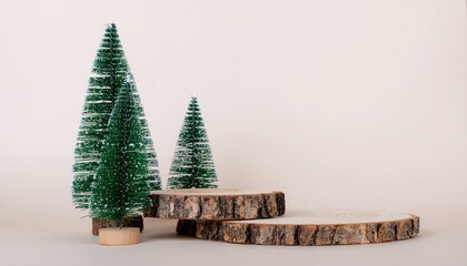 Minimal. Christmas background with a podium for a product presentation. The pedestal is made of natural wood. Happy New Year and Merry Christmas.