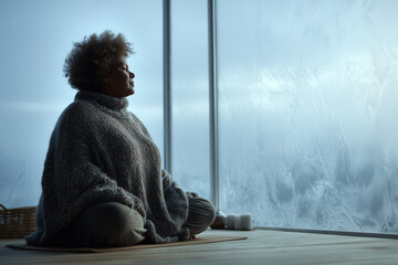 Woman practicing mindfulness at home on a cold winter morning, surrounded by calm light and peaceful energy. Middle-aged woman sitting on yoga mat near frosted window. Hands in lap.