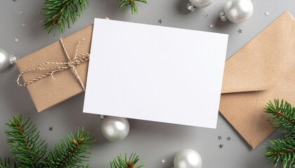 Christmas blank greeting card mockup with gifts