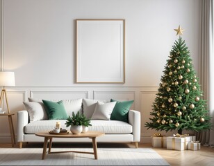 Frame mockup, ISO A paper size. Living room wall poster mockup. Interior mockup with house background. Modern interior design with Christmas tree decoration. 3D render