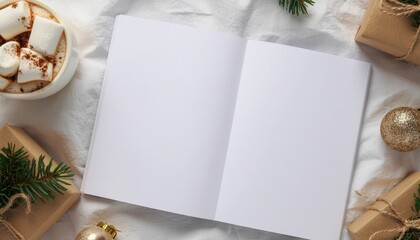 Blank book with cocoa drink, marshmallows and Christmas gifts on bed, top view