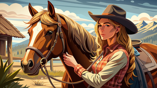 Very beautiful young cowgirl saddling a horse in Bridger, Montana, USA, featuring rustic western scenery, warm sunlight, and authentic ranch life atmosphere, capturing the spirit of the American count