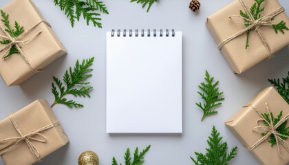 Mockup of white notebook surrounded by wrapped Christmas gifts and thuja branches in a festive setup
