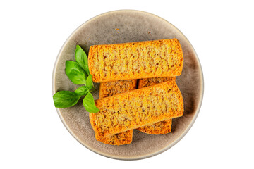 Toast bread grilletine breadcrumbs natural product tasty snack fresh delicious gourmet food background on the table rustic top view copy space