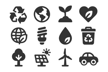 Eco-friendly icons: recycling, renewable energy, nature conservation symbols.
