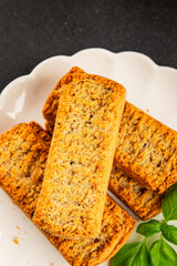 Toast bread grilletine breadcrumbs natural product tasty snack fresh delicious gourmet food background on the table rustic top view copy space