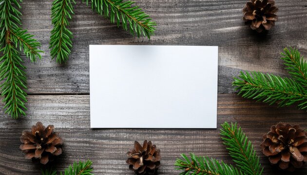 Christmas card mock up flat lay. Empty greeting card on rustic table with fir branches and pine cones. Space for text. Season's greetings. Zero waste eco postcard template. Merry Christmas