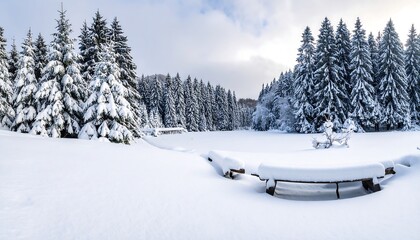 Snowy panorama pine trees border frozen lake. Wooden benches are blanketed in thick white snow on bright sunny day
