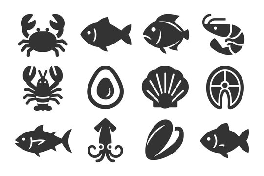 Silhouette icons of seafood: fish, shellfish, crab, lobster, shrimp, squid, oyster.