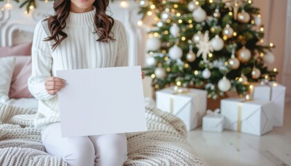 Smiling woman with a blank presentation card. copy space for text. A beautiful brunette girl in a white sweater sits on a bed against the background of Christmas lights and holds a white card