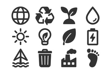 Eco-friendly icons: recycling, sustainability, and energy conservation symbols.