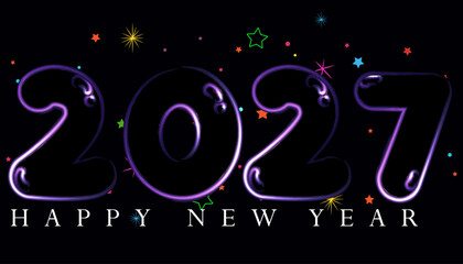 Happy New Year 2027 with glowing purple numbers and colorful stars