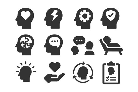 Mental health icons: therapy, wellbeing, support symbols for awareness.