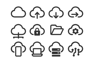 Cloud computing icons set: network, security, storage, sync, connectivity.