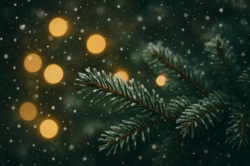 Closeup of Christmas tree branches with blurred golden lights and falling snow festive New Year background