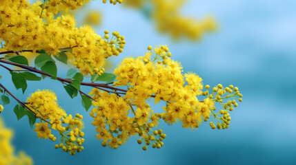 Radiant yellow golden shower flowers bloom in clusters on a delicate branch against a soft blue background, creating a serene and vibrant natural scene outdoors.