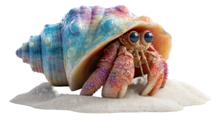 A colorful hermit crab emerging from its shell on the sand. or transparent background