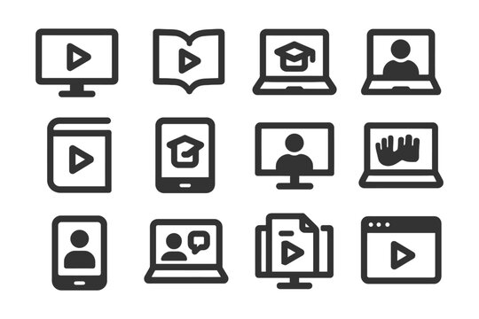 E-learning icons: digital education tools for online courses and virtual classrooms. - Powered by Adobe