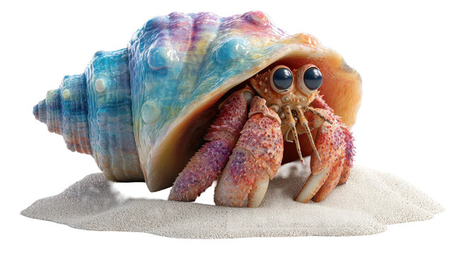 A colorful hermit crab emerging from its shell on the sand. or transparent background