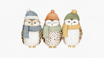 Cute winter owls wearing knit hats and scarves. Watercolor illustration.