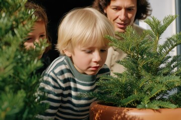 Family decorates a small potted Christmas tree together.