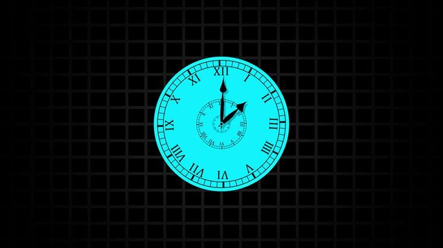Moving 12-hour roman clock animation loop. roman wall clock with Latin numeral. Stopwatch leaves quickly. Looped video.