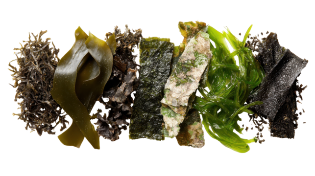 An assortment of various edible seaweeds arranged beautifully. or transparent background