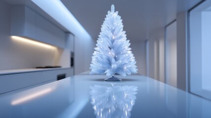 Futuristic Christmas tree glows in a clean, modern interior.