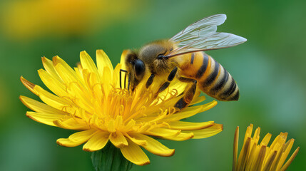 A honeybee gathers pollen from a bright yellow dandelion flower in a vibrant green meadow du a warm sunny day in sptime, showcasing nature's beauty.
