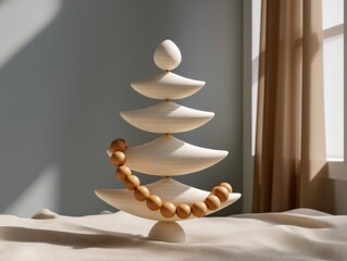 Modern, eco-friendly wooden Christmas tree decor in neutral Scandinavian tones.