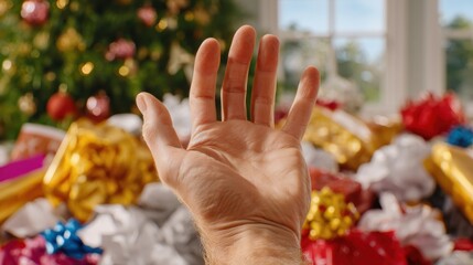 Parent's hand reaches through Christmas wrapping paper mess.