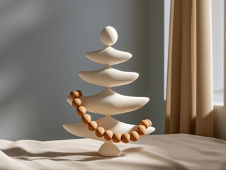 Stylish wooden tree with beaded garland. Minimalist decor.