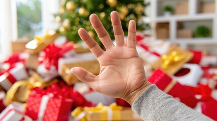 Tired hand reaching out in a chaotic Christmas morning scene.
